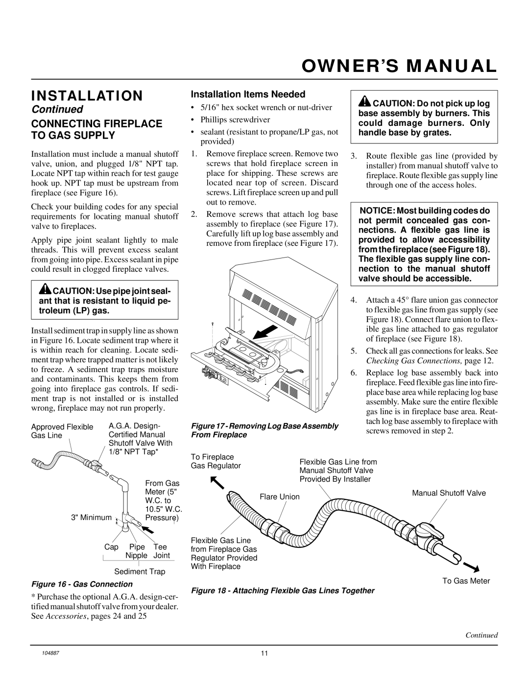 Desa LFP33NR installation manual Connecting Fireplace to GAS Supply, Removing Log Base Assembly From Fireplace 