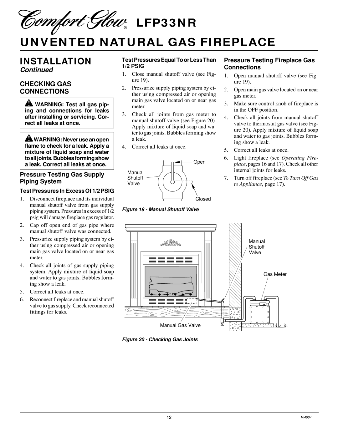 Desa LFP33NR installation manual Checking GAS Connections, Pressure Testing Gas Supply Piping System 