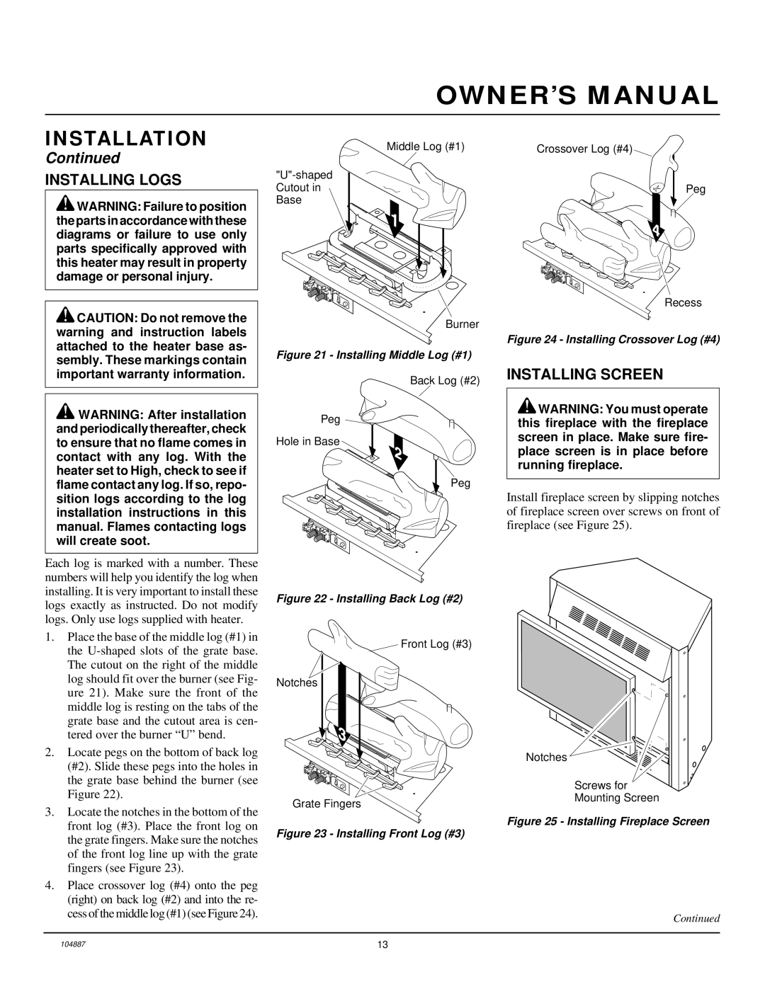 Desa LFP33NR installation manual Installing Logs, Installing Screen 