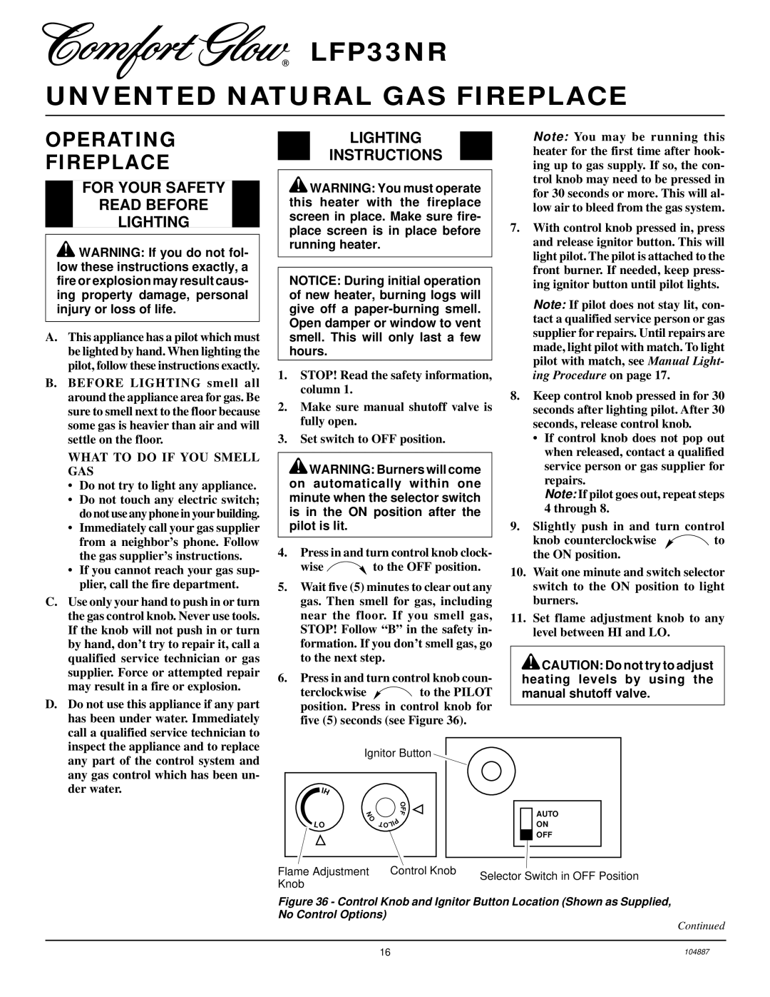 Desa LFP33NR installation manual Operating Fireplace, For Your Safety Read Before Lighting, Lighting Instructions 