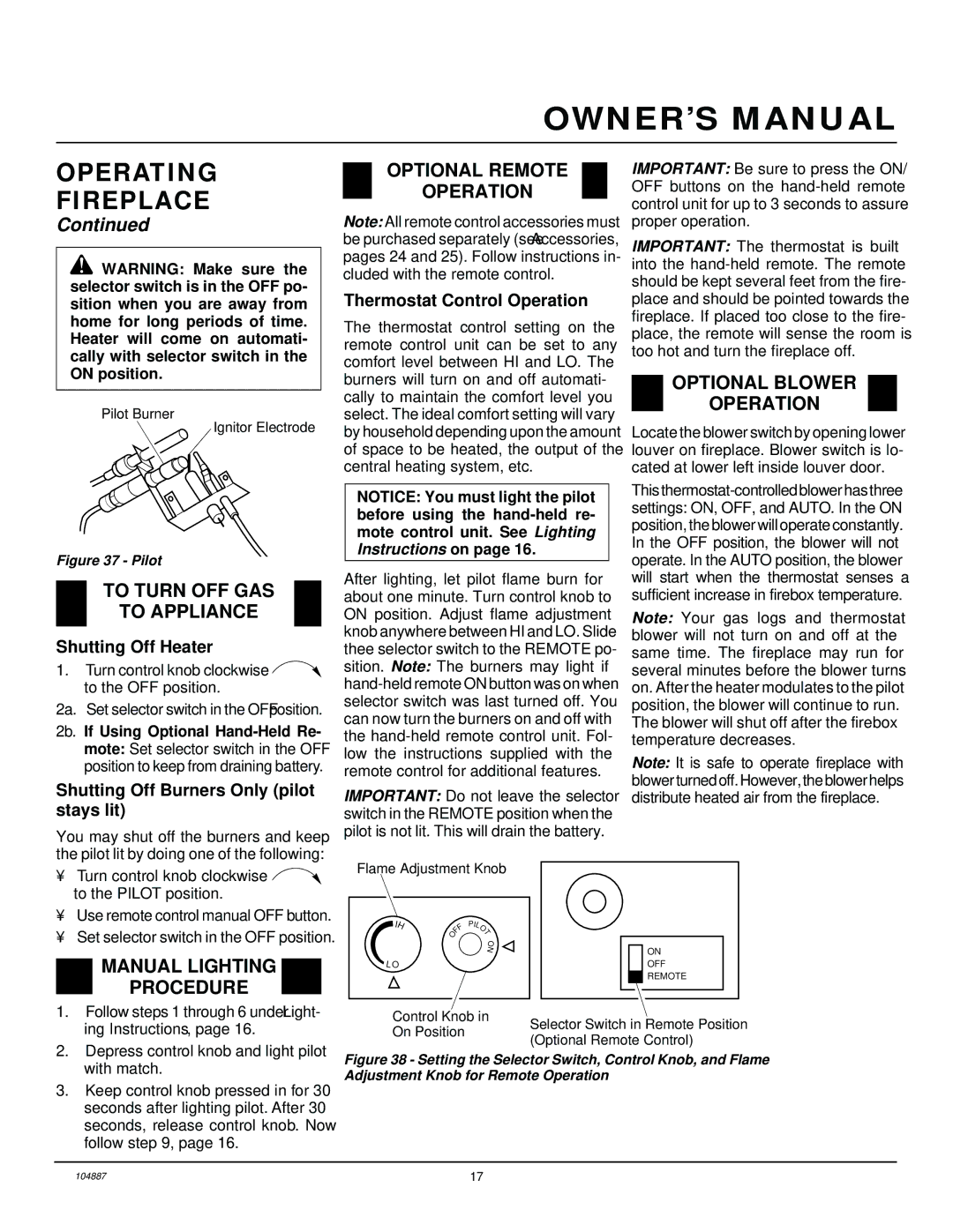 Desa LFP33NR To Turn OFF GAS To Appliance, Optional Remote Operation, Optional Blower Operation, Manual Lighting Procedure 