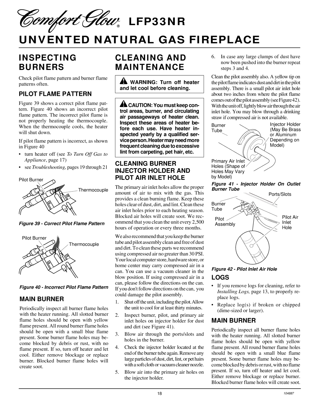 Desa LFP33NR installation manual Inspecting Burners, Cleaning and Maintenance 