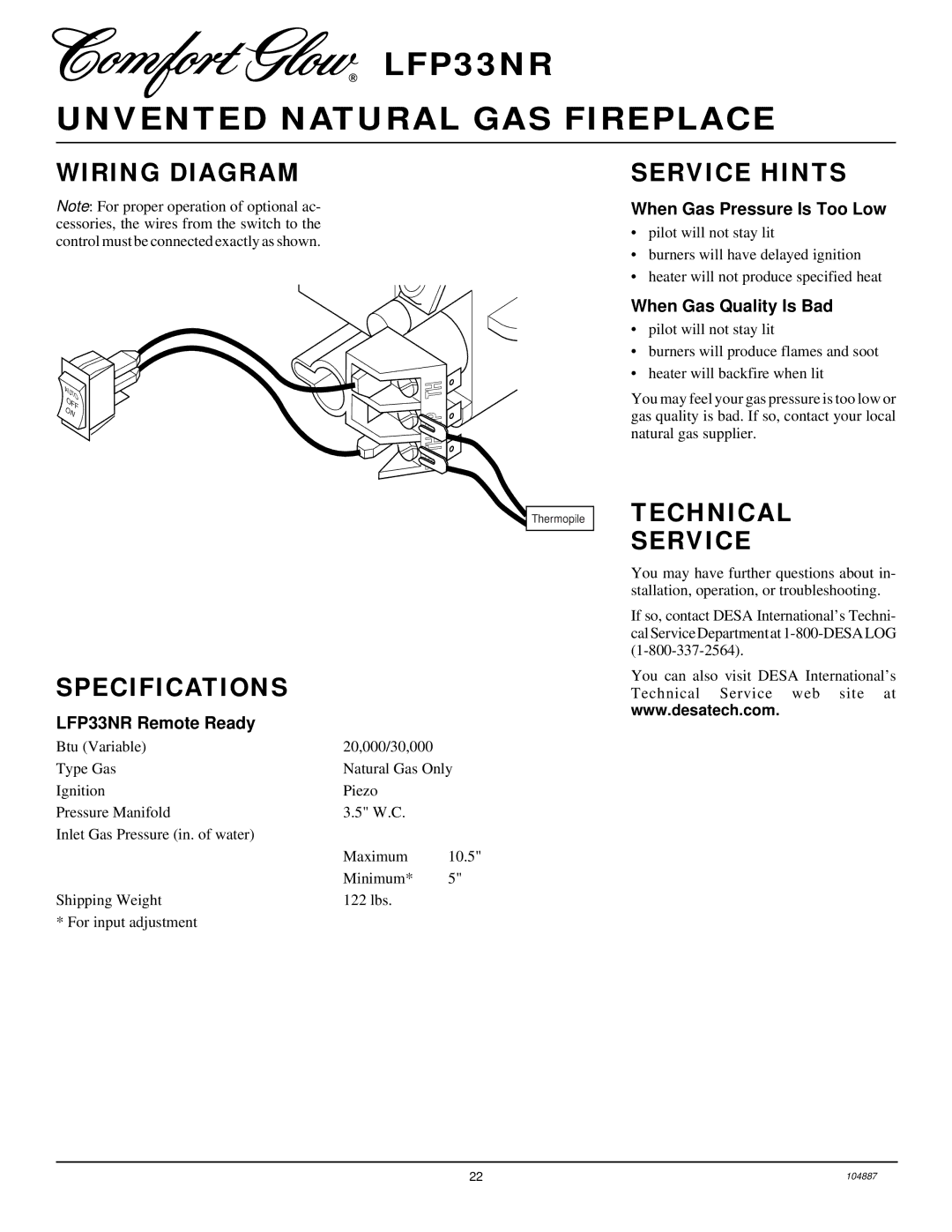 Desa LFP33NR installation manual Wiring Diagram, Service Hints, Technical Service Specifications 