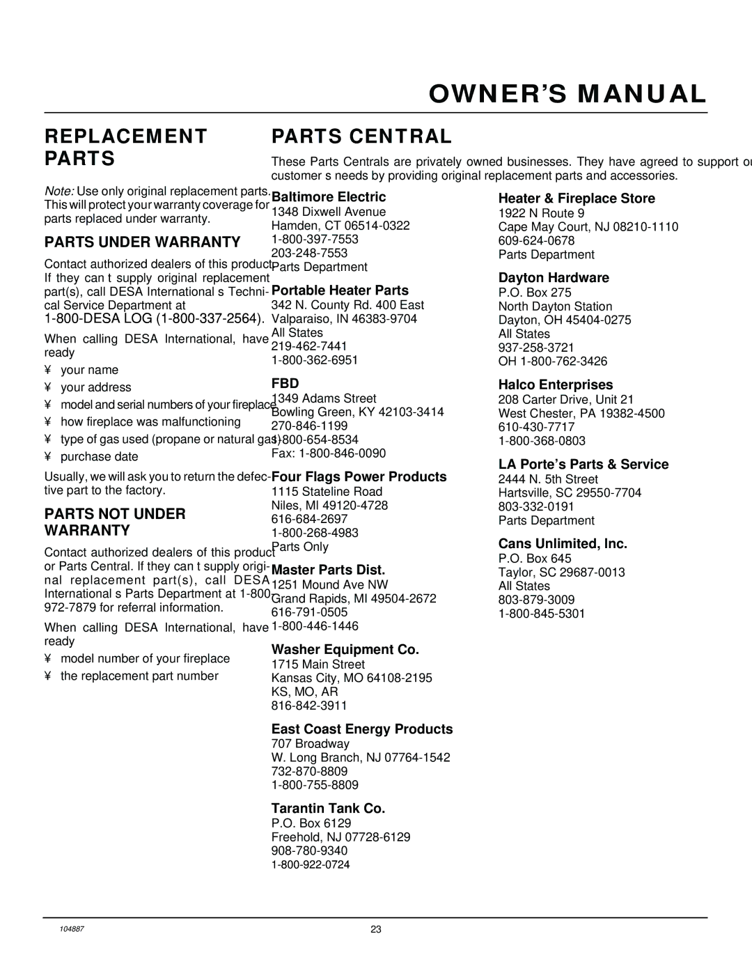 Desa LFP33NR installation manual Replacement Parts, Parts Central, Parts Under Warranty, Parts not Under Warranty 