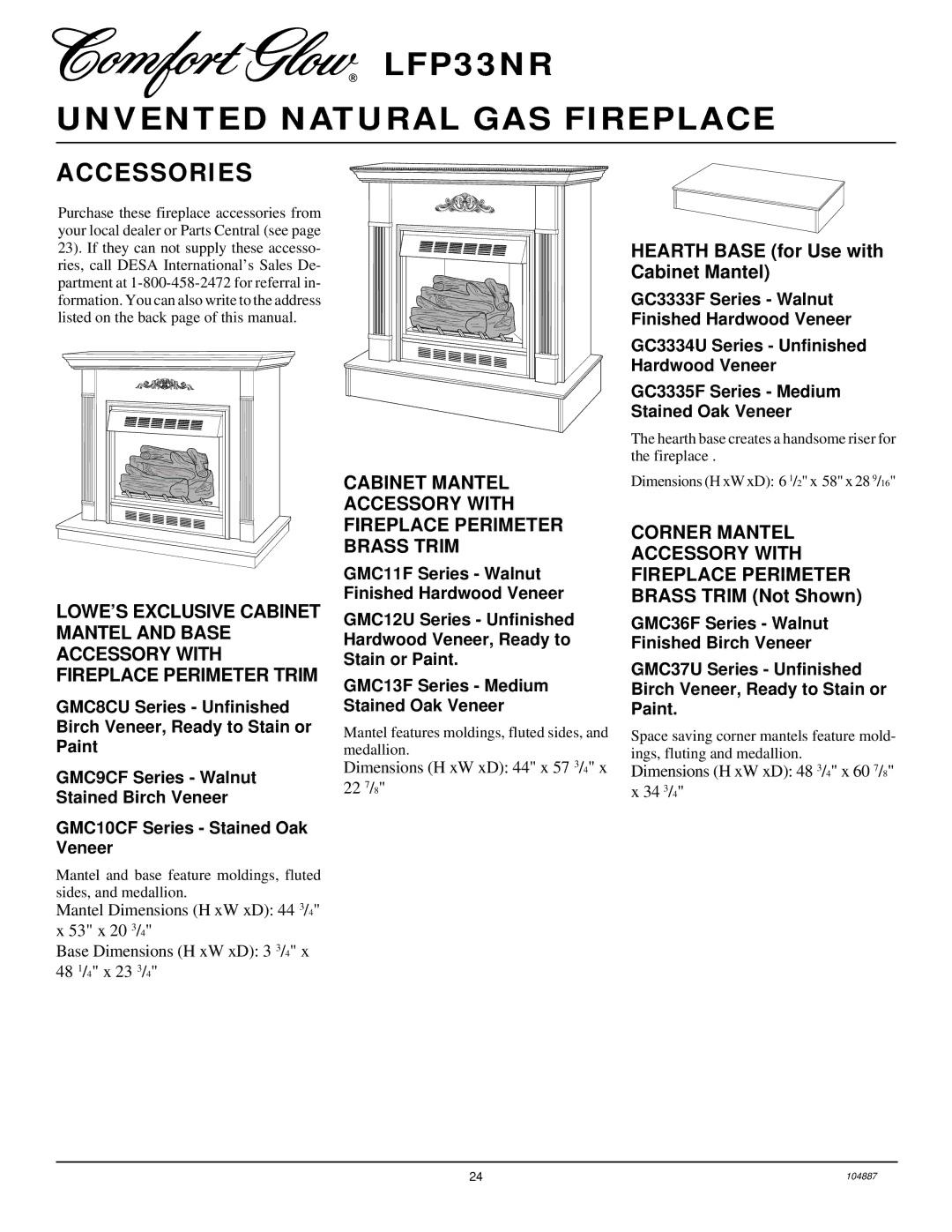 Desa LFP33NR installation manual Accessories, Corner Mantel, GMC11F Series Walnut Finished Hardwood Veneer 