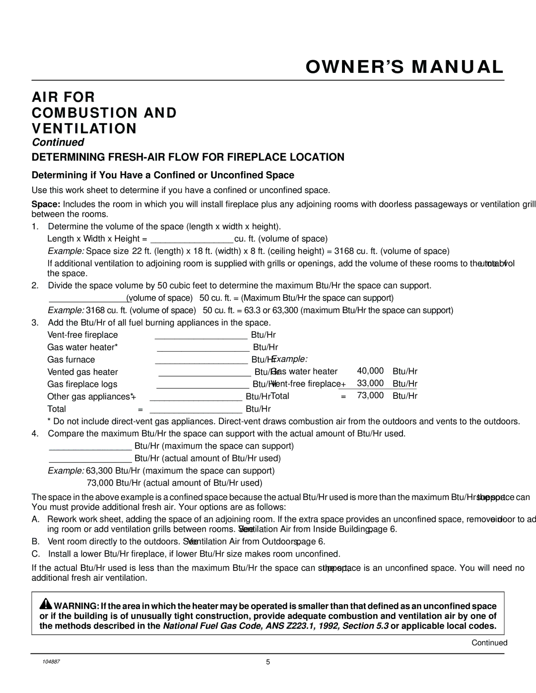 Desa LFP33NR installation manual AIR for Combustion Ventilation, Determining FRESH-AIR Flow for Fireplace Location 