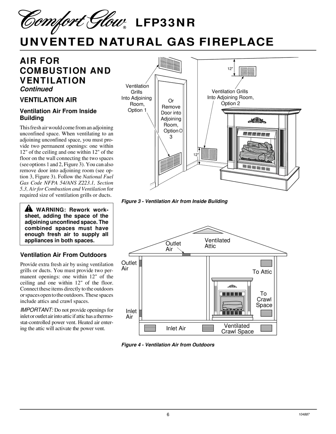 Desa LFP33NR installation manual Ventilation AIR, Ventilation Air From Inside Building, Ventilation Air From Outdoors 