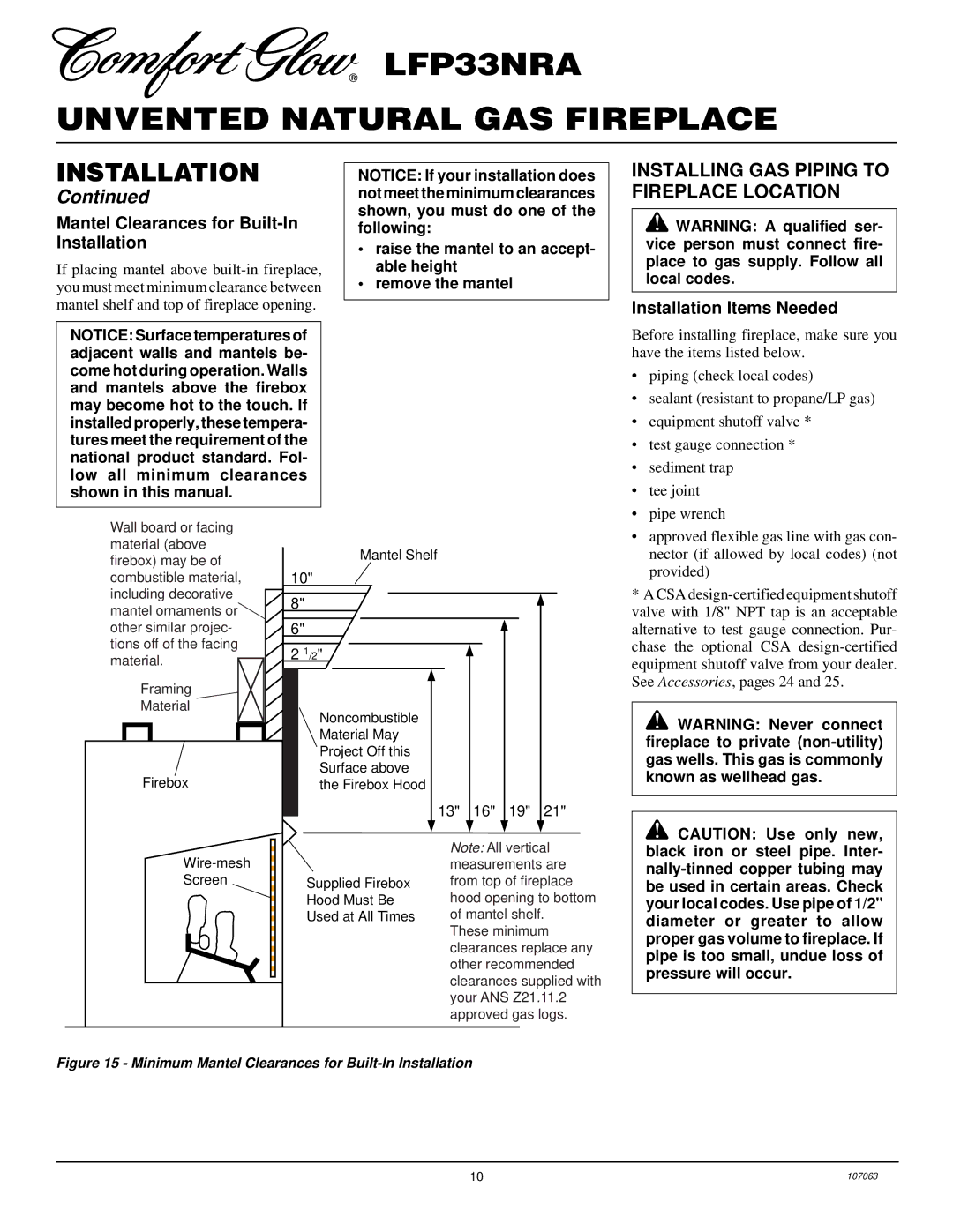 Desa LFP33NRA installation manual Installing GAS Piping to Fireplace Location, Mantel Clearances for Built-In Installation 