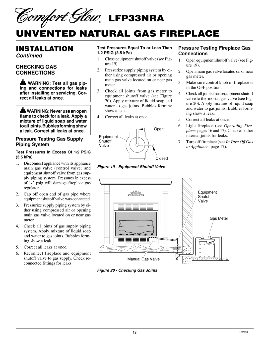 Desa LFP33NRA installation manual Checking GAS Connections, Pressure Testing Gas Supply Piping System 