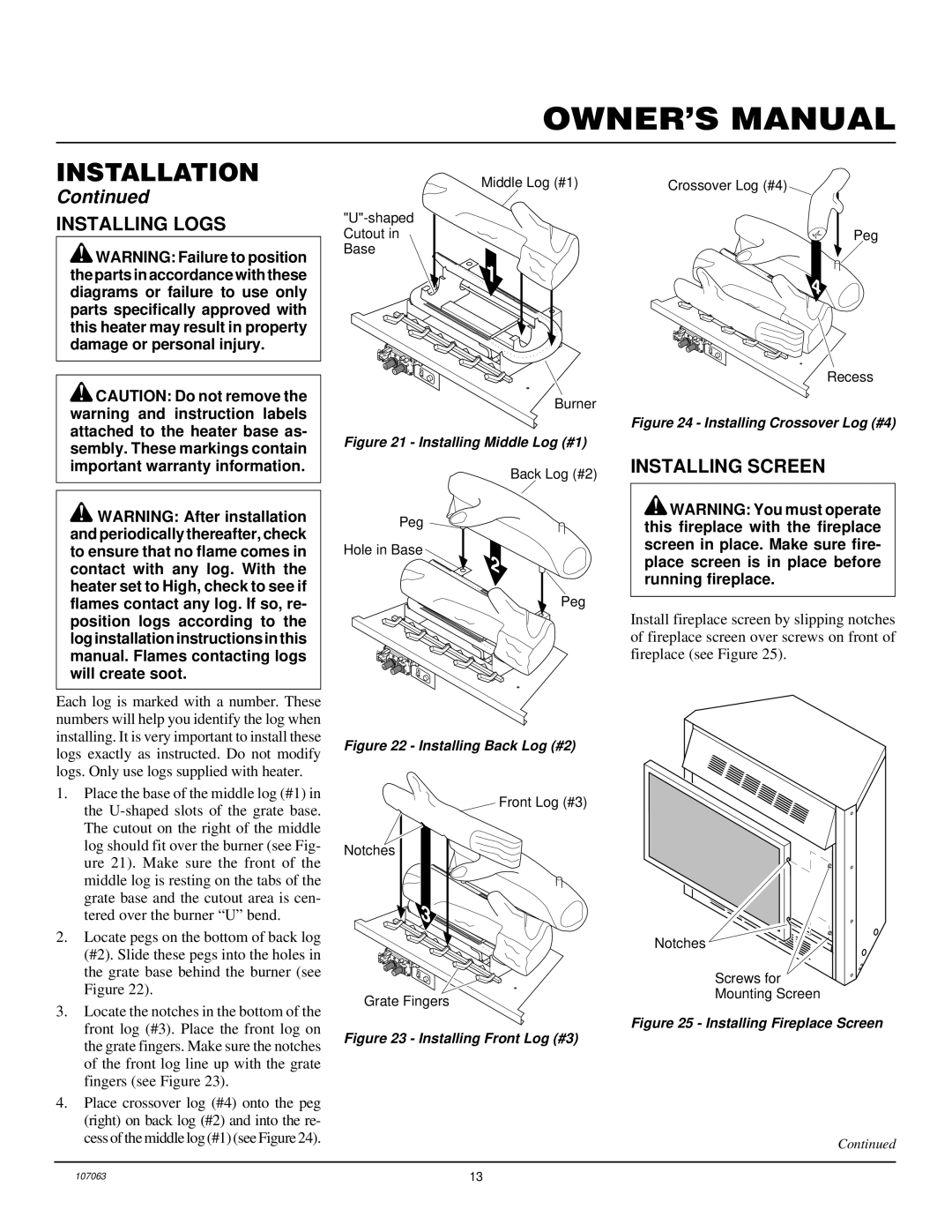 Desa LFP33NRA installation manual Installing Logs, Installing Screen 