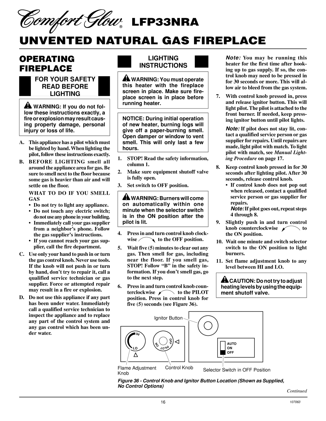 Desa LFP33NRA installation manual Operating Fireplace, For Your Safety Read Before Lighting, Lighting Instructions 