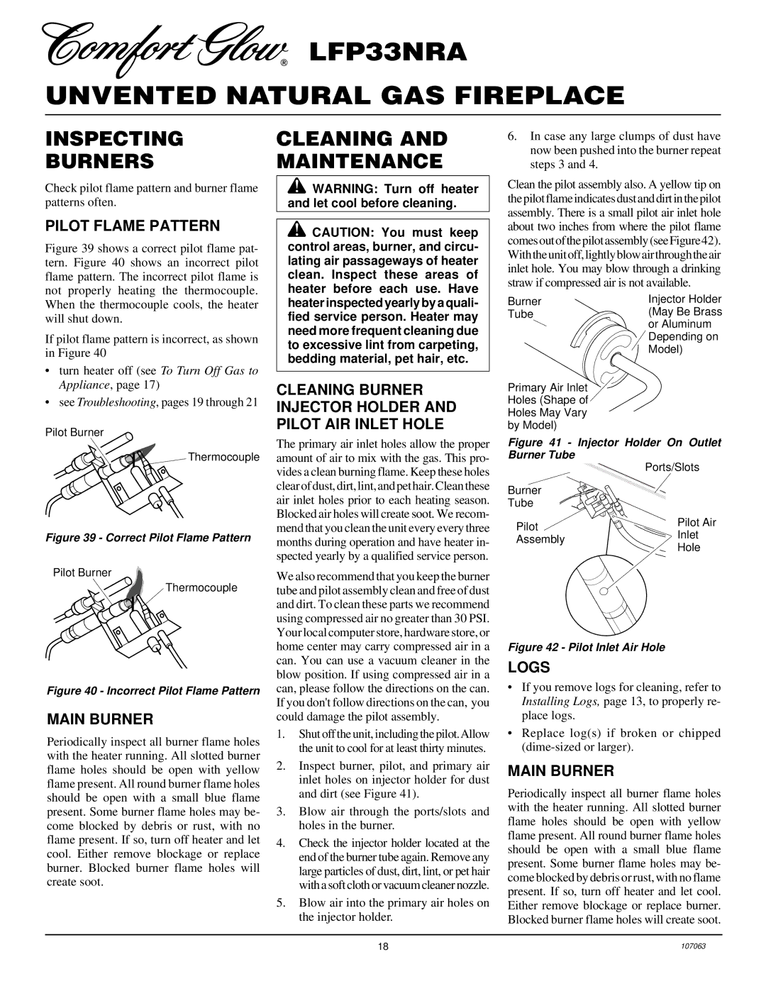 Desa LFP33NRA installation manual Inspecting Burners, Cleaning and Maintenance 