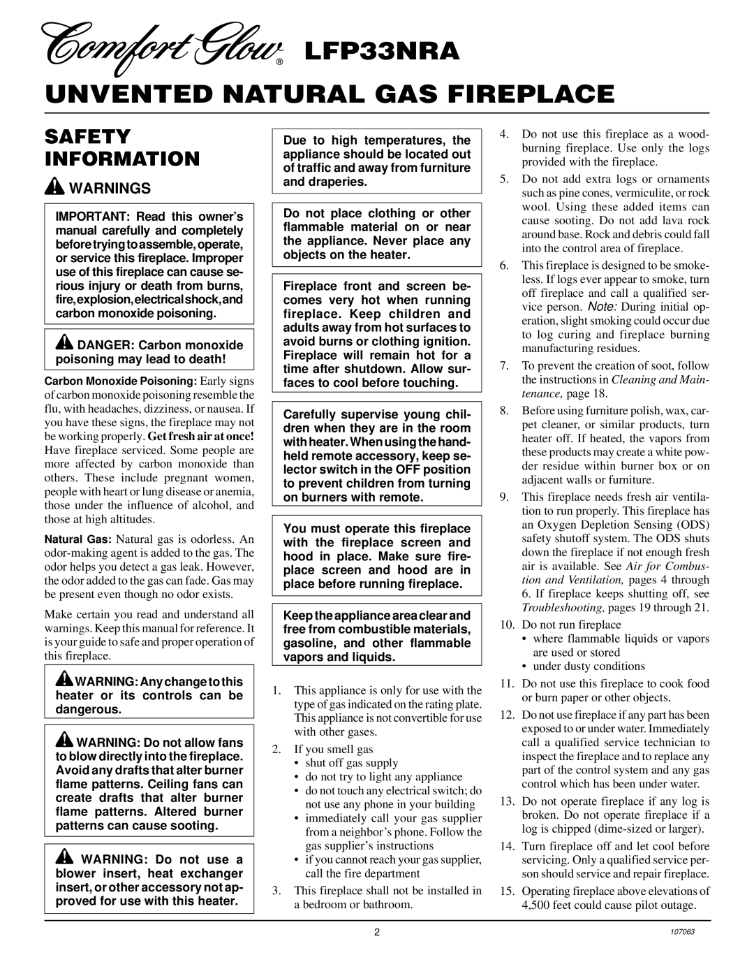 Desa installation manual LFP33NRA Unvented Natural GAS Fireplace, Safety Information 