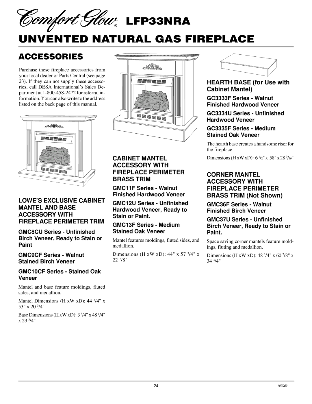 Desa LFP33NRA installation manual Accessories, Corner Mantel, GMC11F Series Walnut Finished Hardwood Veneer 