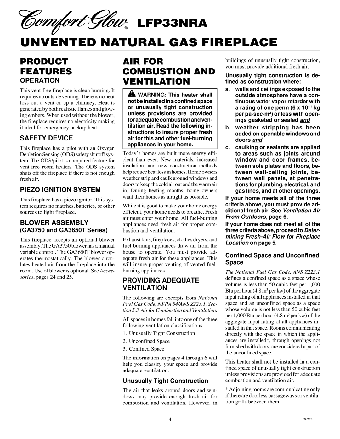 Desa LFP33NRA installation manual Product Features, AIR for Combustion and Ventilation 