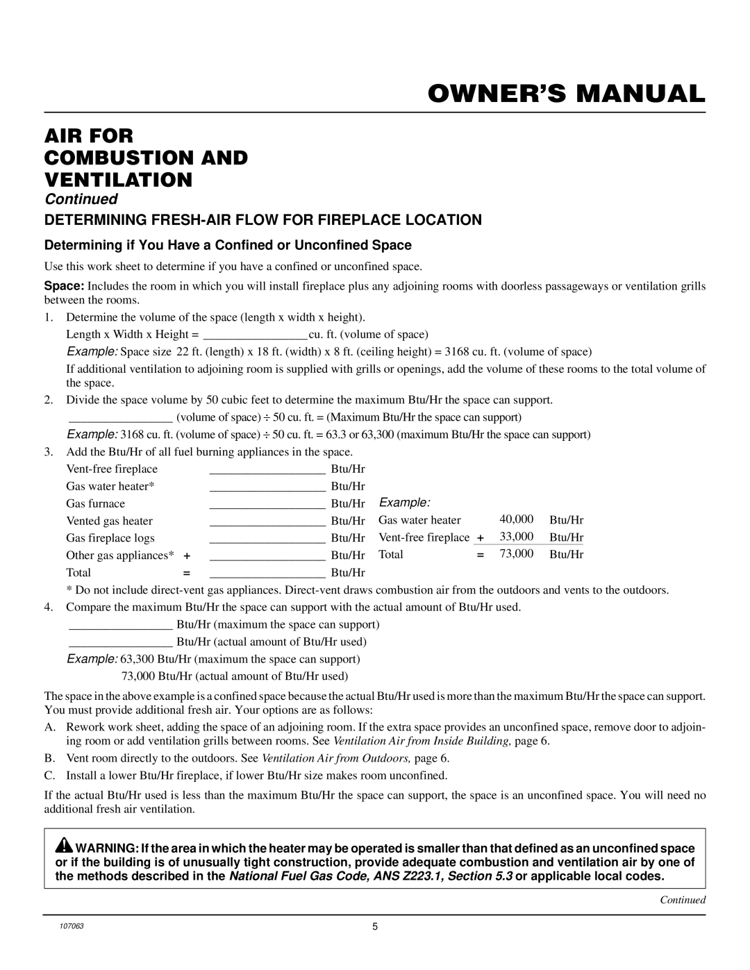 Desa LFP33NRA installation manual AIR for Combustion Ventilation, Determining FRESH-AIR Flow for Fireplace Location 