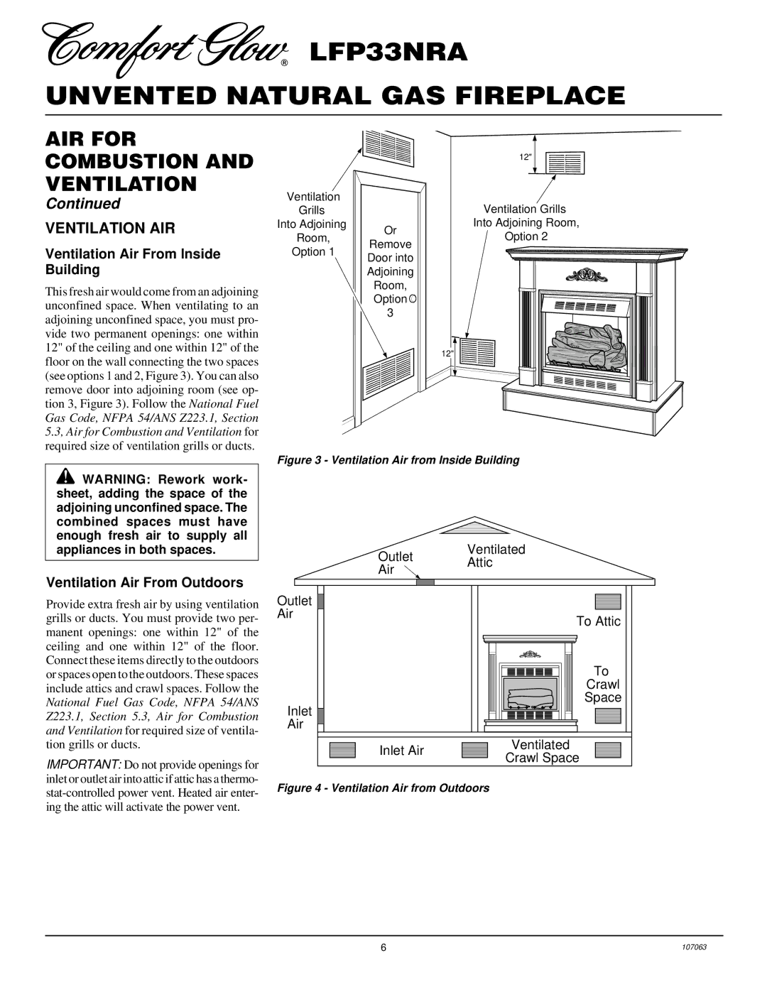 Desa LFP33NRA installation manual Ventilation AIR, Ventilation Air From Inside Building, Ventilation Air From Outdoors 