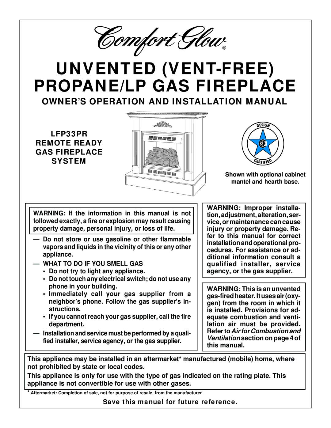 Desa LFP33PR installation manual Unvented VENT-FREE PROPANE/LP GAS Fireplace, What to do if YOU Smell GAS 