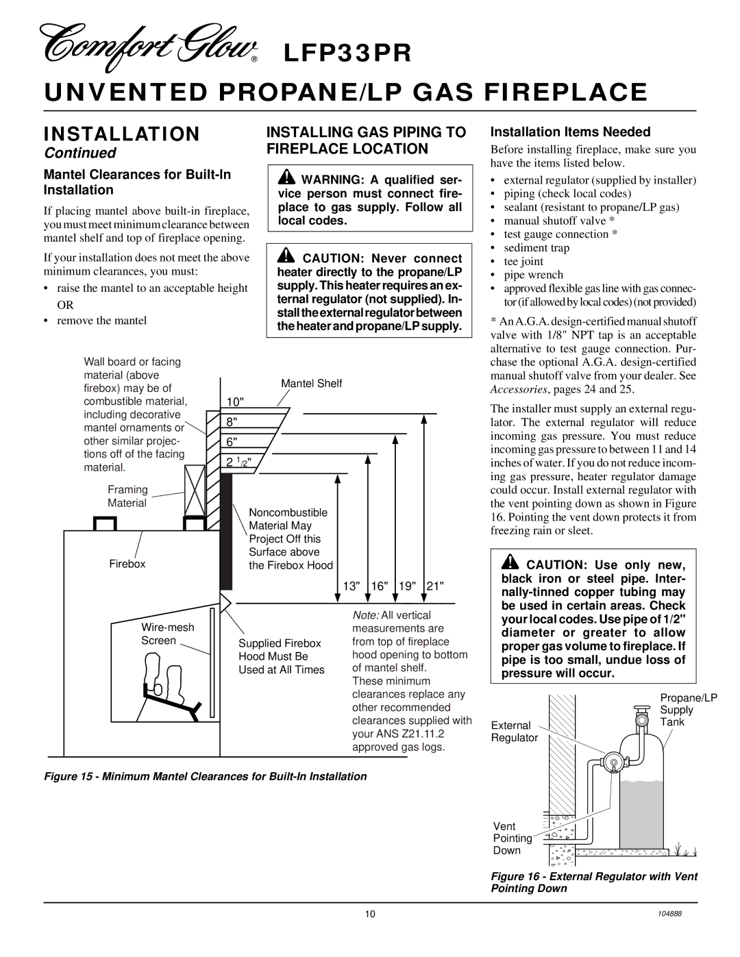 Desa LFP33PR installation manual Installing GAS Piping to Fireplace Location, Mantel Clearances for Built-In Installation 