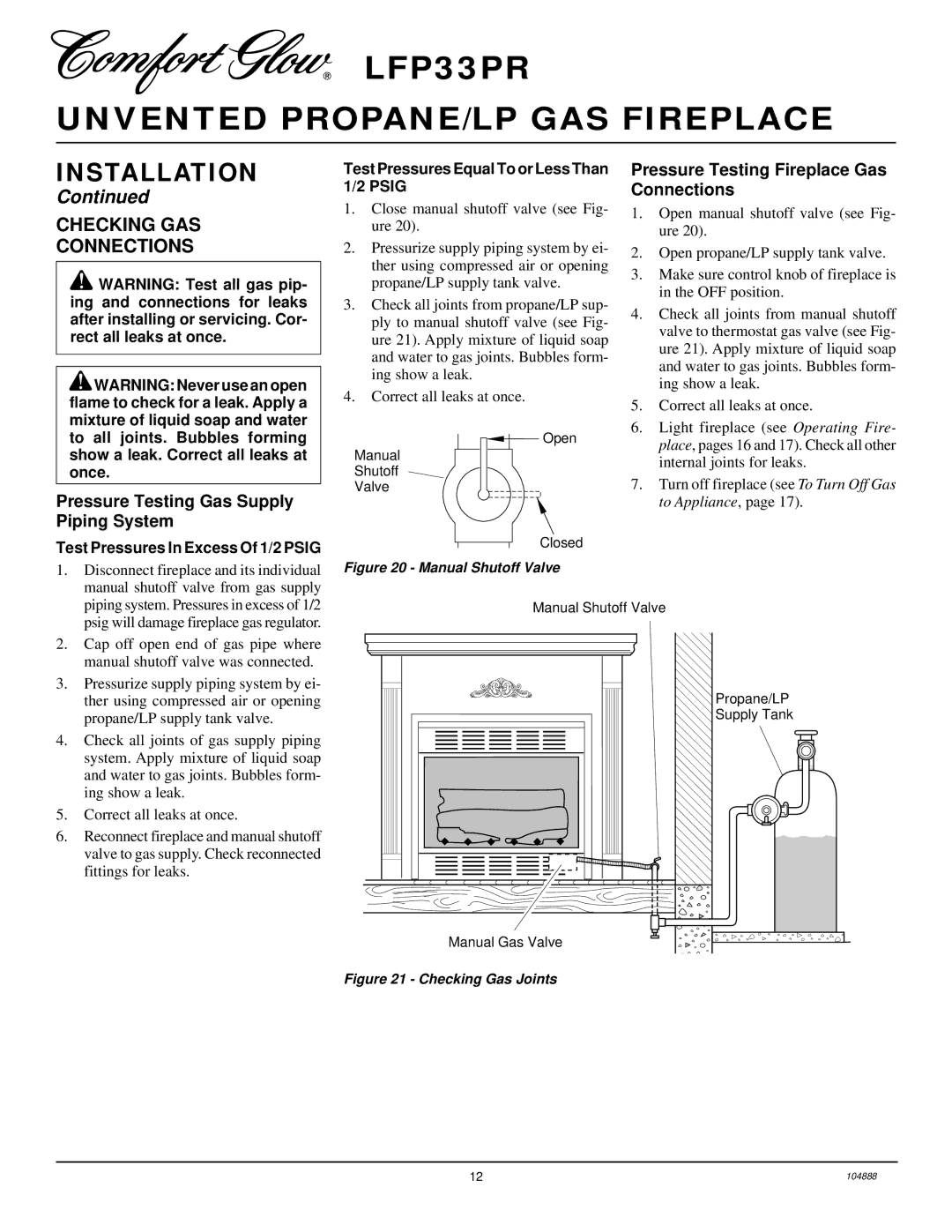 Desa LFP33PR installation manual Checking GAS Connections, Pressure Testing Gas Supply Piping System 