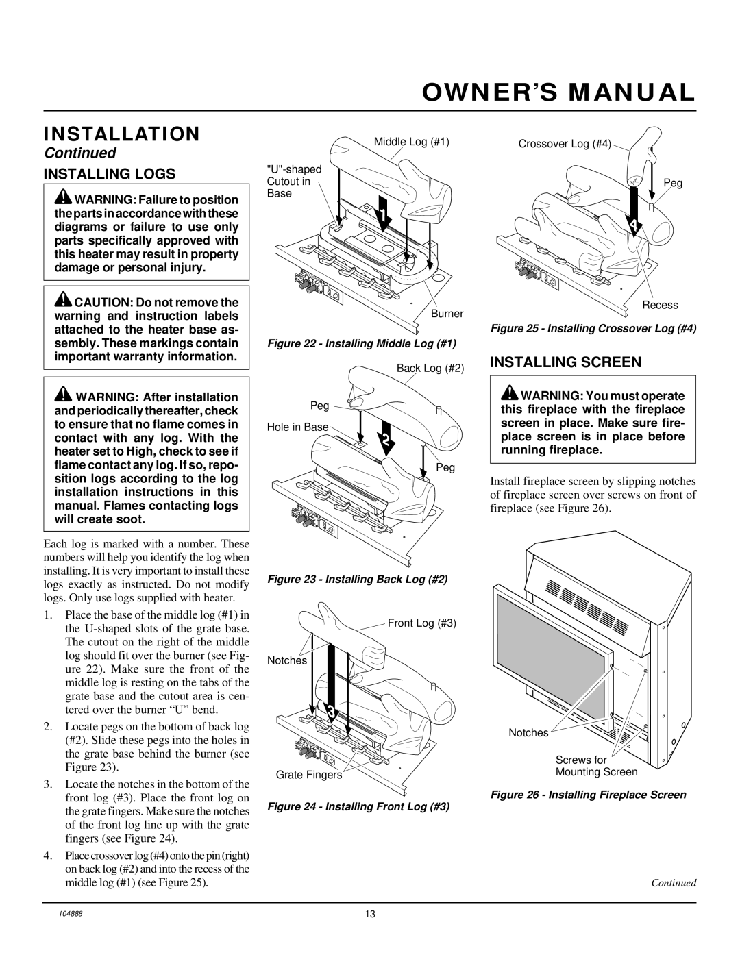 Desa LFP33PR installation manual Installing Logs, Installing Screen 