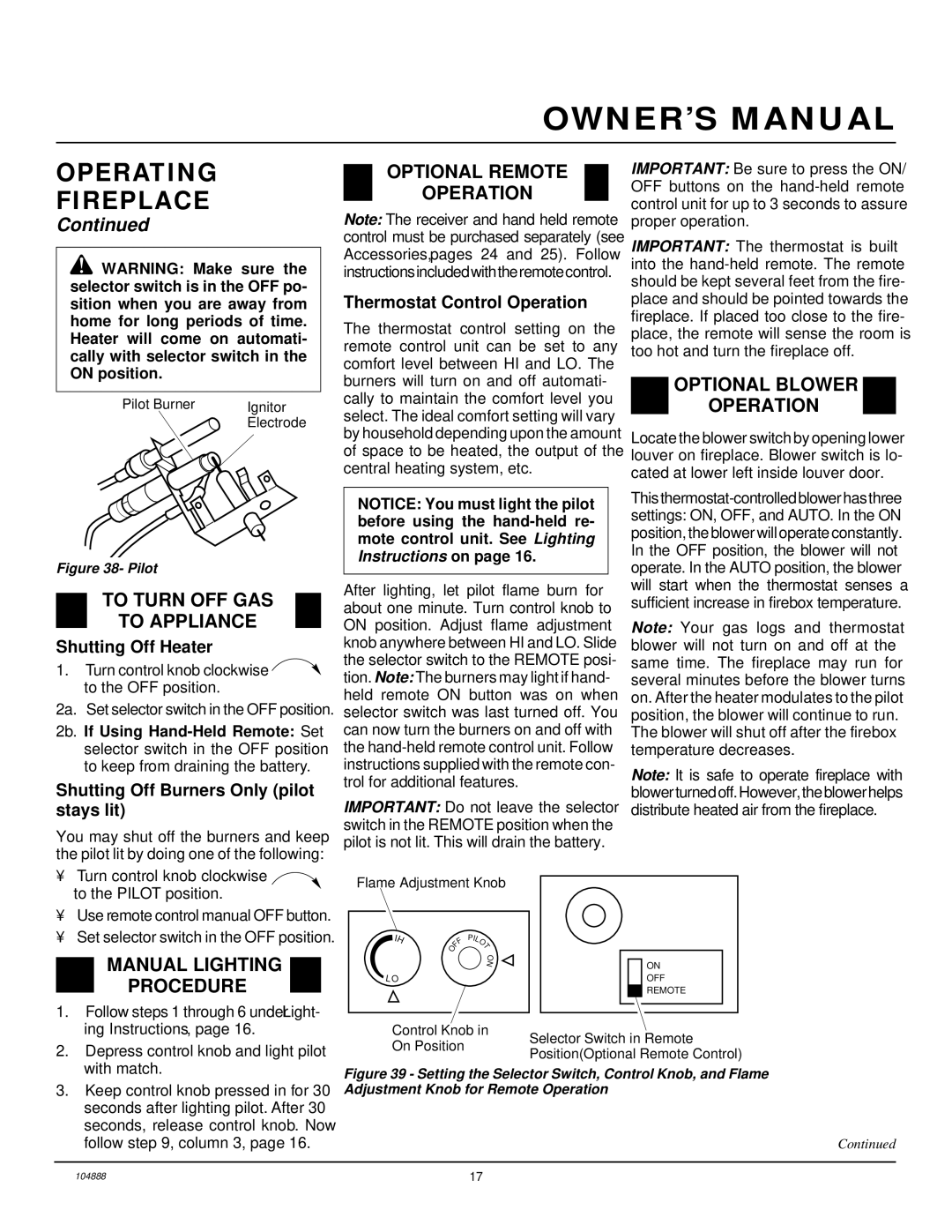 Desa LFP33PR To Turn OFF GAS To Appliance, Optional Remote Operation, Optional Blower Operation, Manual Lighting Procedure 