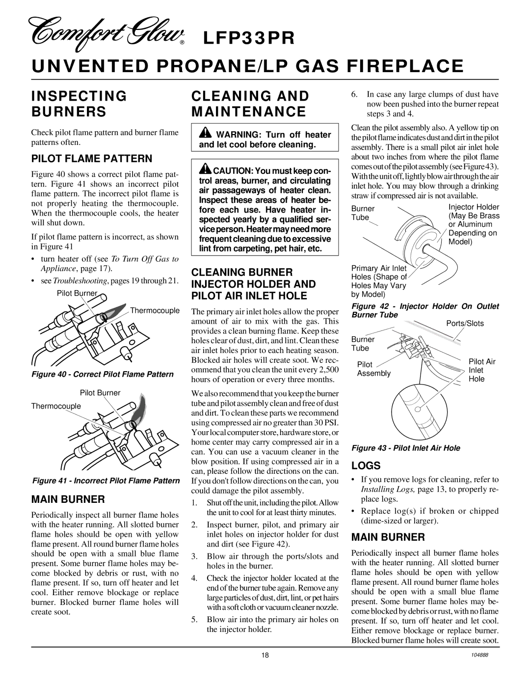 Desa LFP33PR installation manual Inspecting Burners, Cleaning and Maintenance 