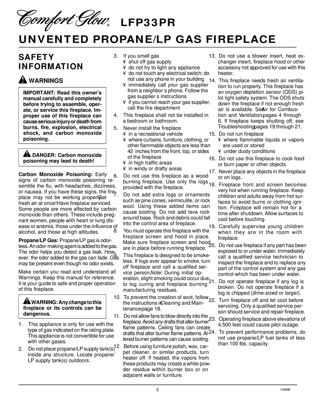 Desa installation manual LFP33PR Unvented PROPANE/LP GAS Fireplace, Safety Information 