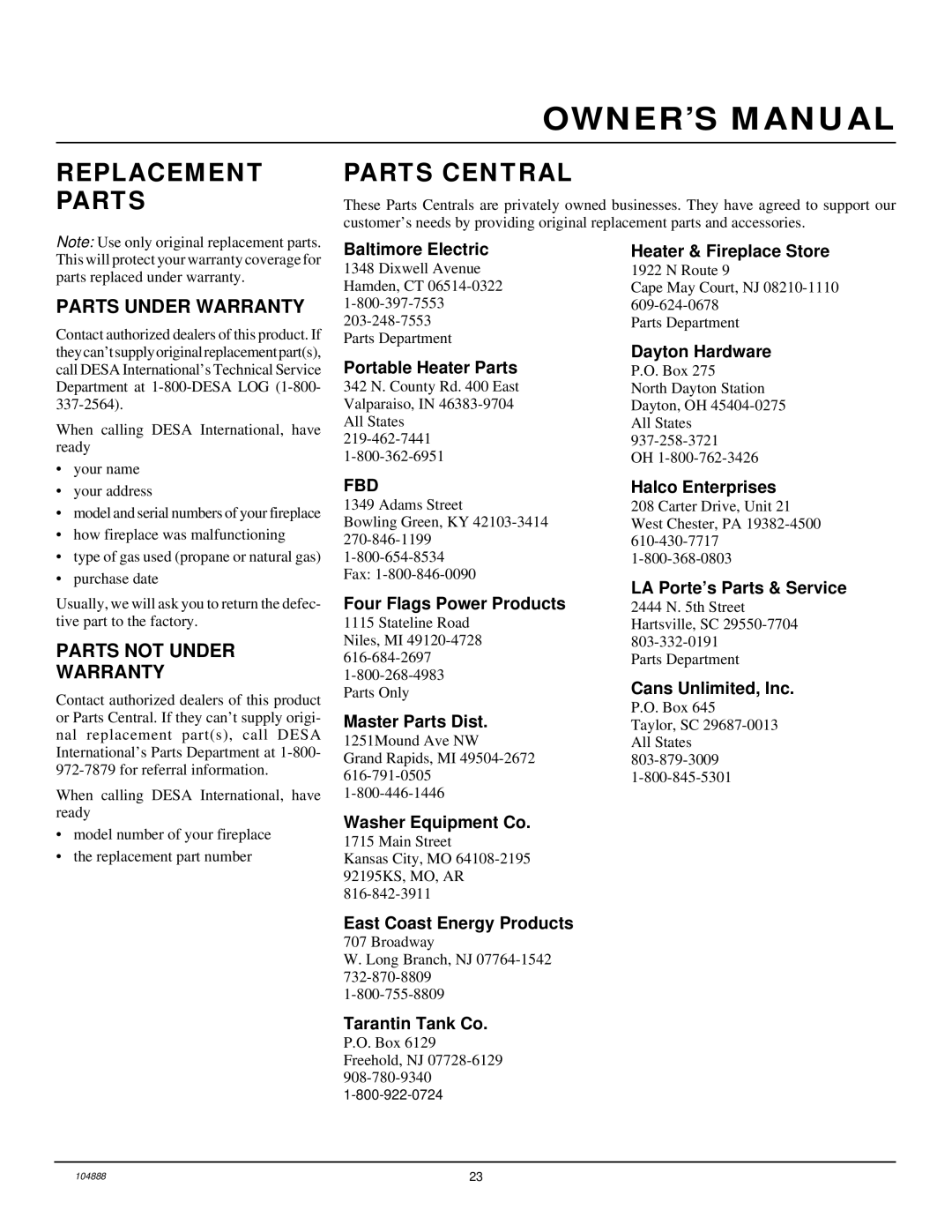 Desa LFP33PR installation manual Replacement Parts, Parts Central, Parts Under Warranty, Parts not Under Warranty 