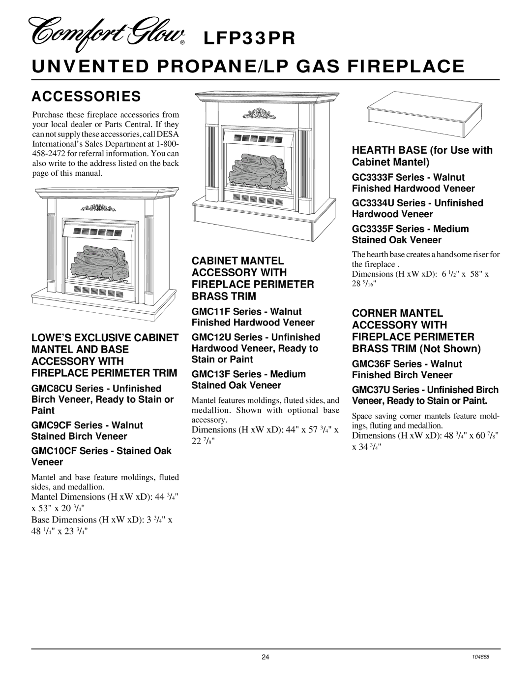 Desa LFP33PR installation manual Accessories, Corner Mantel, GMC11F Series Walnut Finished Hardwood Veneer 