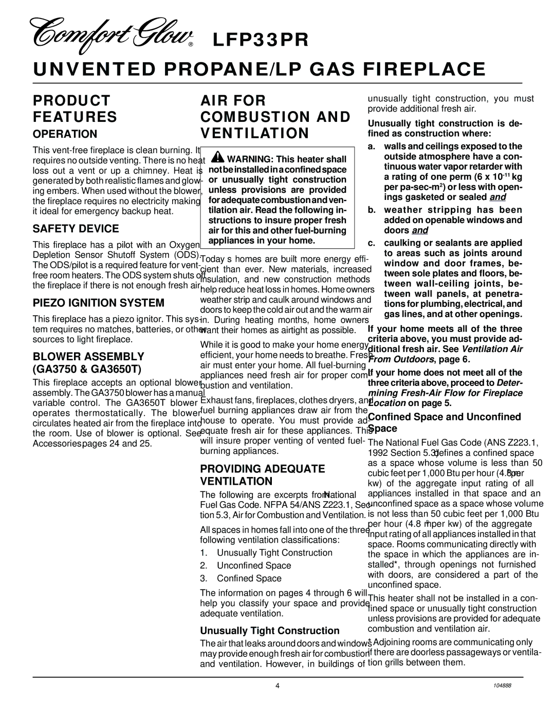 Desa LFP33PR installation manual Product Features, AIR for Combustion and Ventilation 