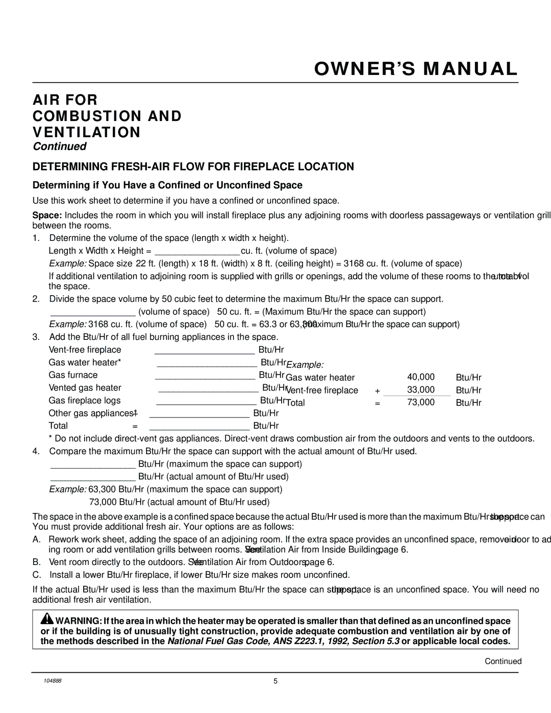 Desa LFP33PR installation manual AIR for Combustion Ventilation, Determining FRESH-AIR Flow for Fireplace Location 