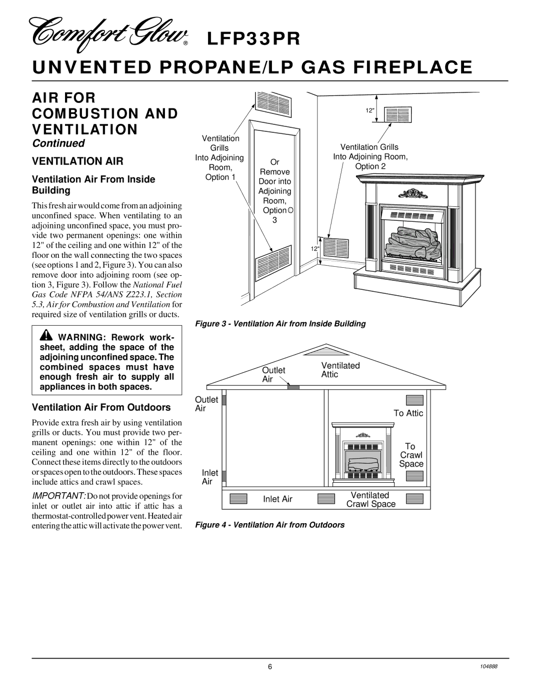 Desa LFP33PR installation manual Ventilation AIR, Ventilation Air From Inside Building, Ventilation Air From Outdoors 