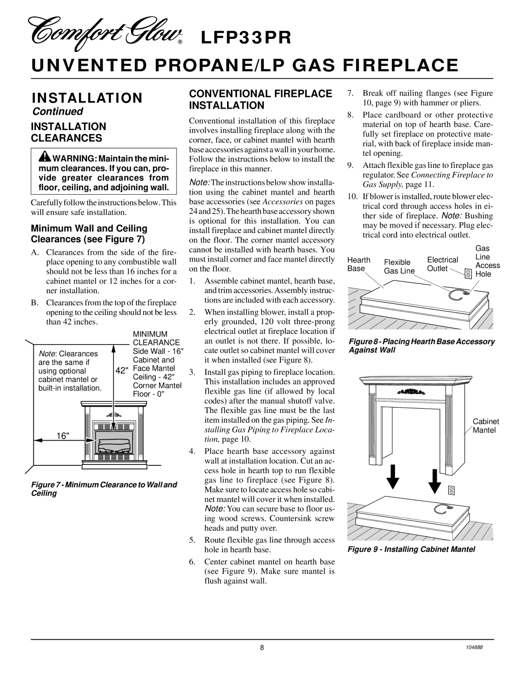 Desa LFP33PR Installation Clearances, Conventional Fireplace Installation, Minimum Wall and Ceiling Clearances see Figure 