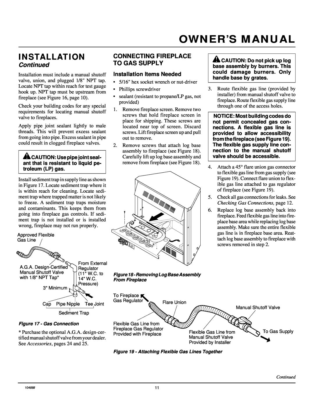 Desa LFP33PR installation manual Connecting Fireplace To Gas Supply, Installation, Continued 