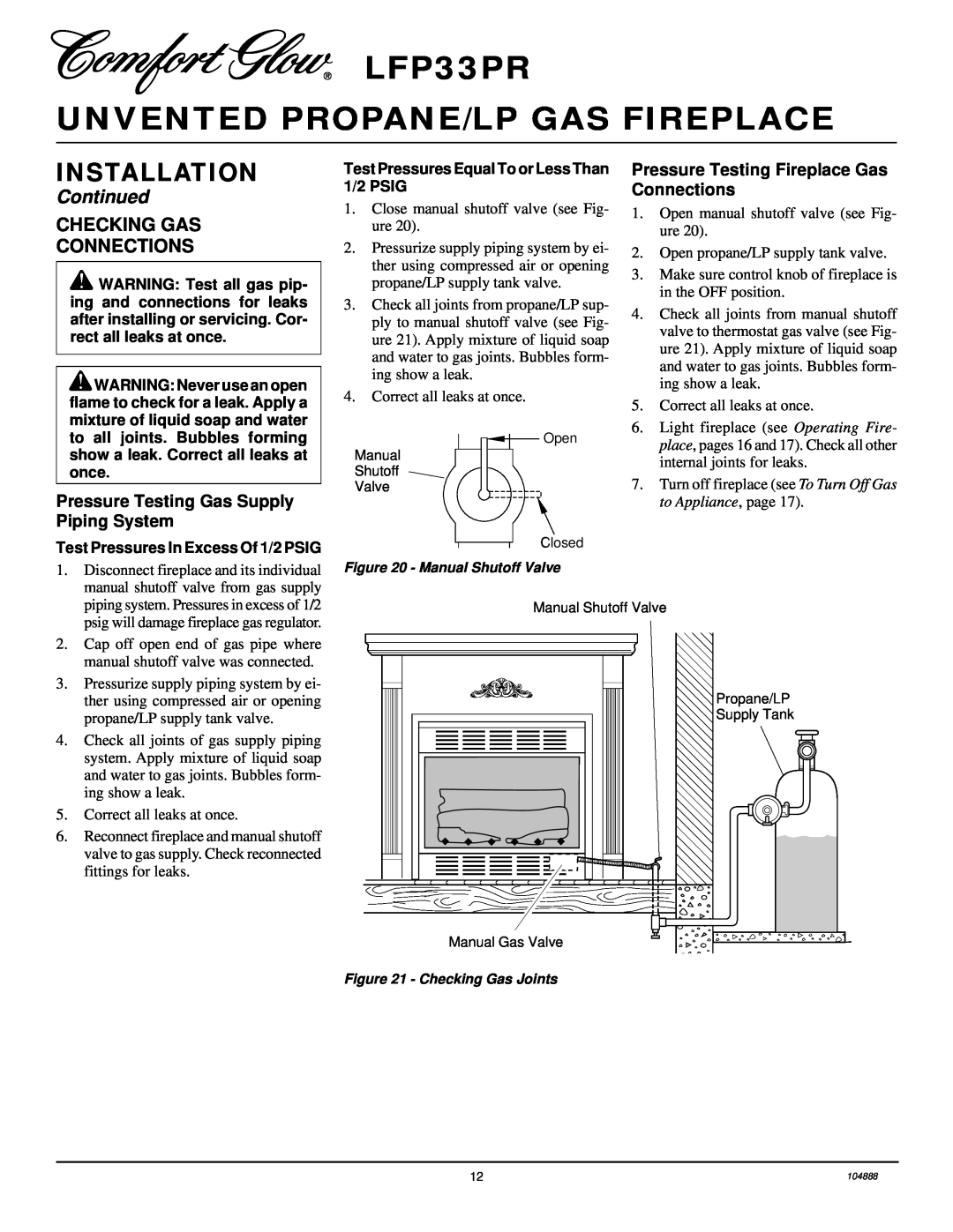 Desa installation manual Checking Gas Connections, LFP33PR UNVENTED PROPANE/LP GAS FIREPLACE, Installation, Continued 