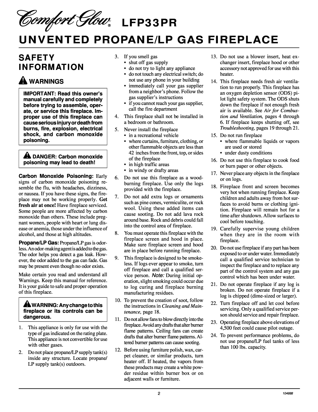 Desa installation manual LFP33PR UNVENTED PROPANE/LP GAS FIREPLACE, Safety Information, Warnings 