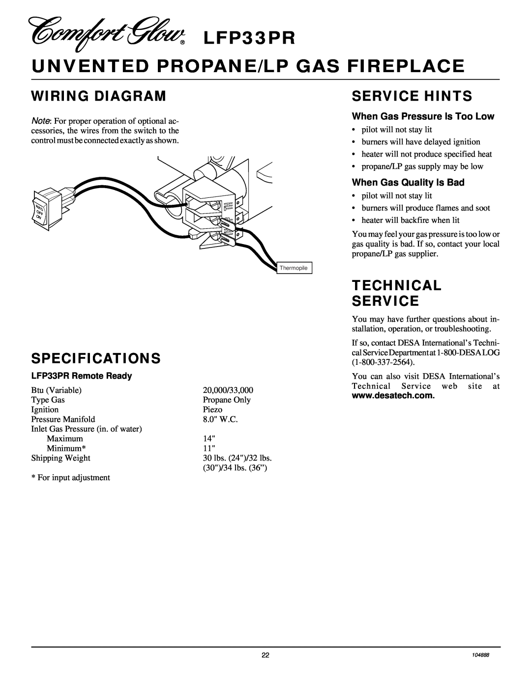 Desa Wiring Diagram, Service Hints, Specifications, Technical Service, LFP33PR UNVENTED PROPANE/LP GAS FIREPLACE 