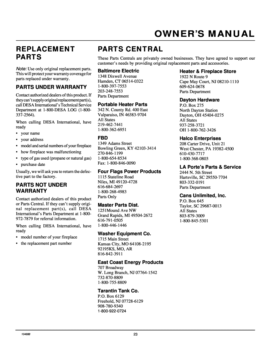 Desa LFP33PR installation manual Replacement Parts, Parts Central, Parts Under Warranty, Parts Not Under Warranty 