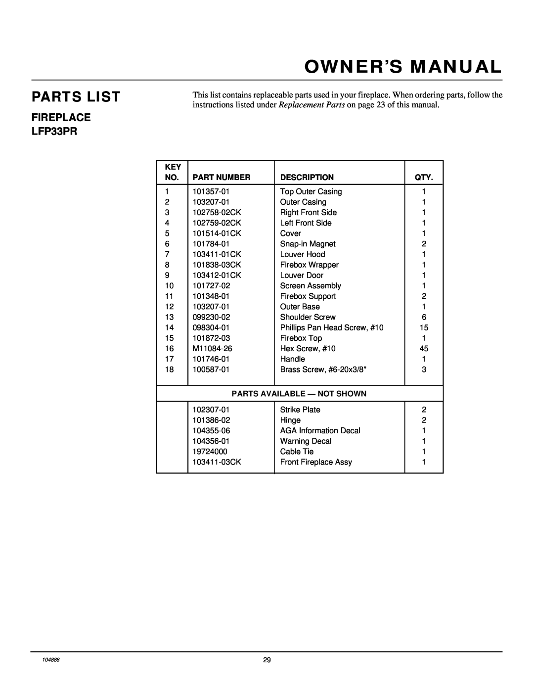 Desa installation manual FIREPLACE LFP33PR, Parts List, Part Number, Description, Parts Available - Not Shown 
