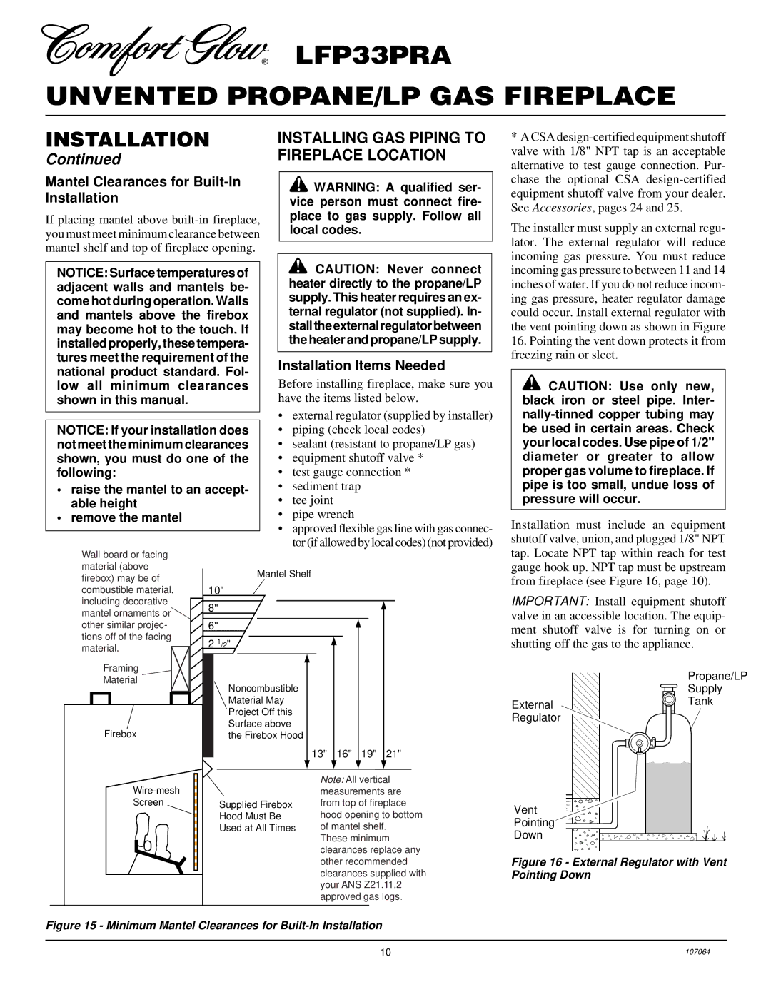 Desa LFP33PRA installation manual Installing GAS Piping to, Fireplace Location, Mantel Clearances for Built-In Installation 