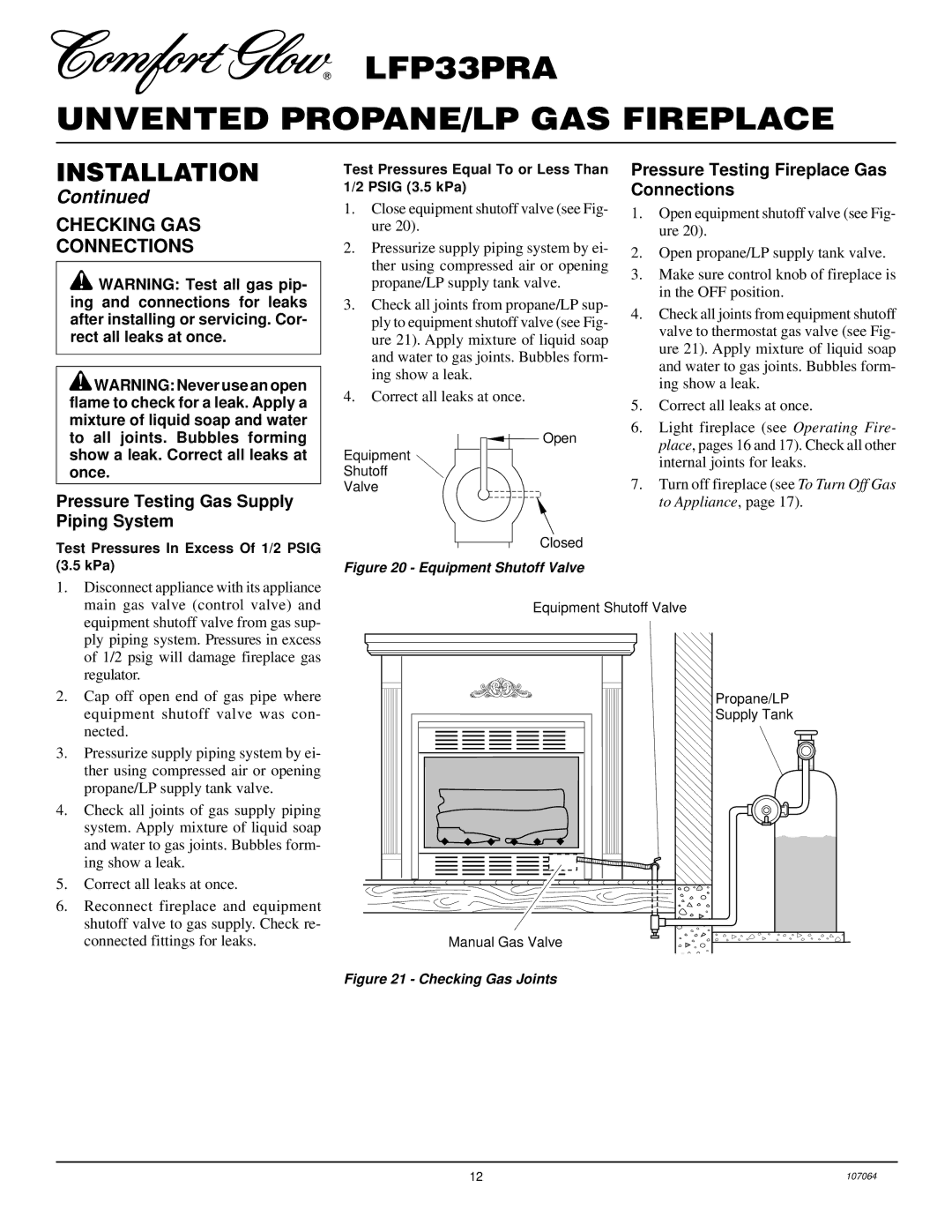 Desa LFP33PRA installation manual Checking GAS Connections, Pressure Testing Gas Supply Piping System 