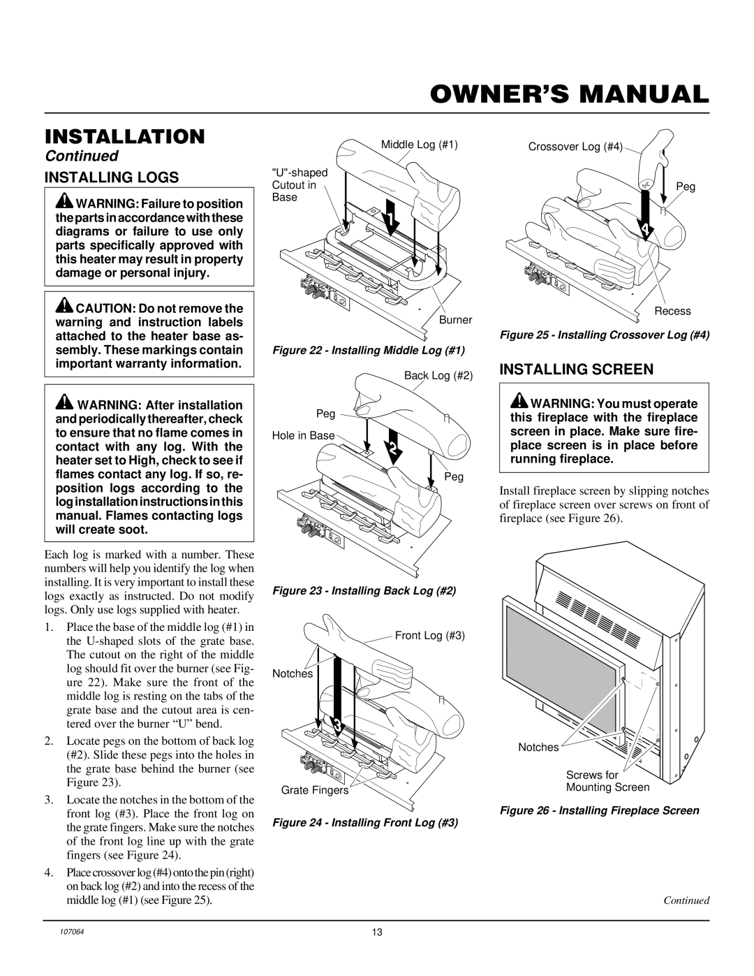 Desa LFP33PRA installation manual Installing Logs, Installing Screen 