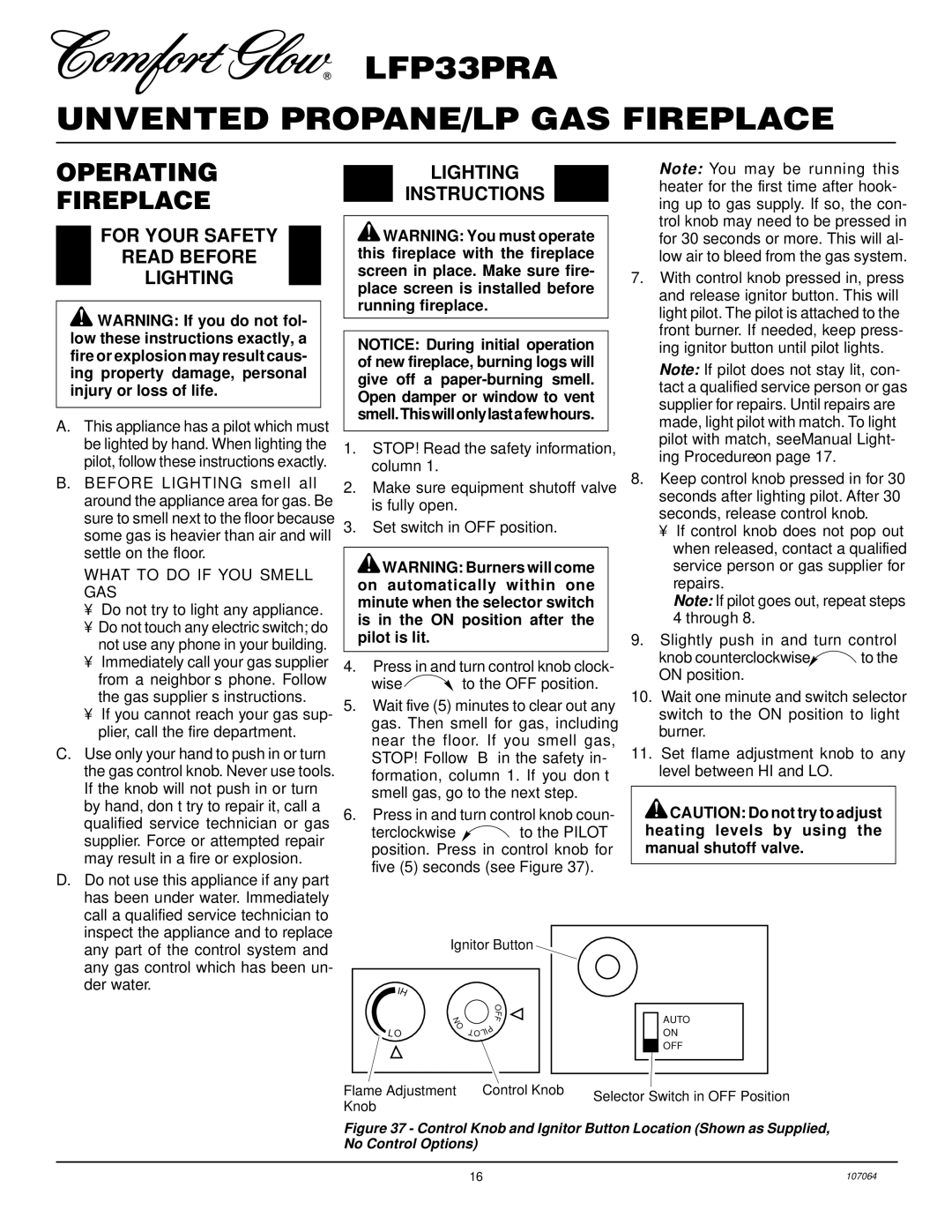 Desa LFP33PRA installation manual Operating Fireplace, For Your Safety Read Before Lighting, Lighting Instructions 