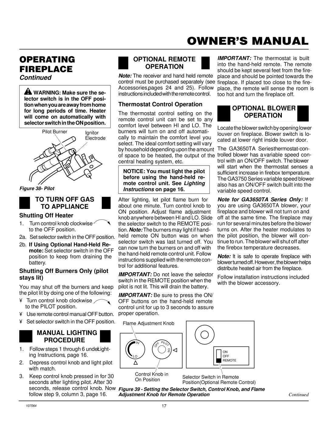 Desa LFP33PRA installation manual Optional Remote Operation, To Turn OFF GAS To Appliance, Optional Blower Operation 