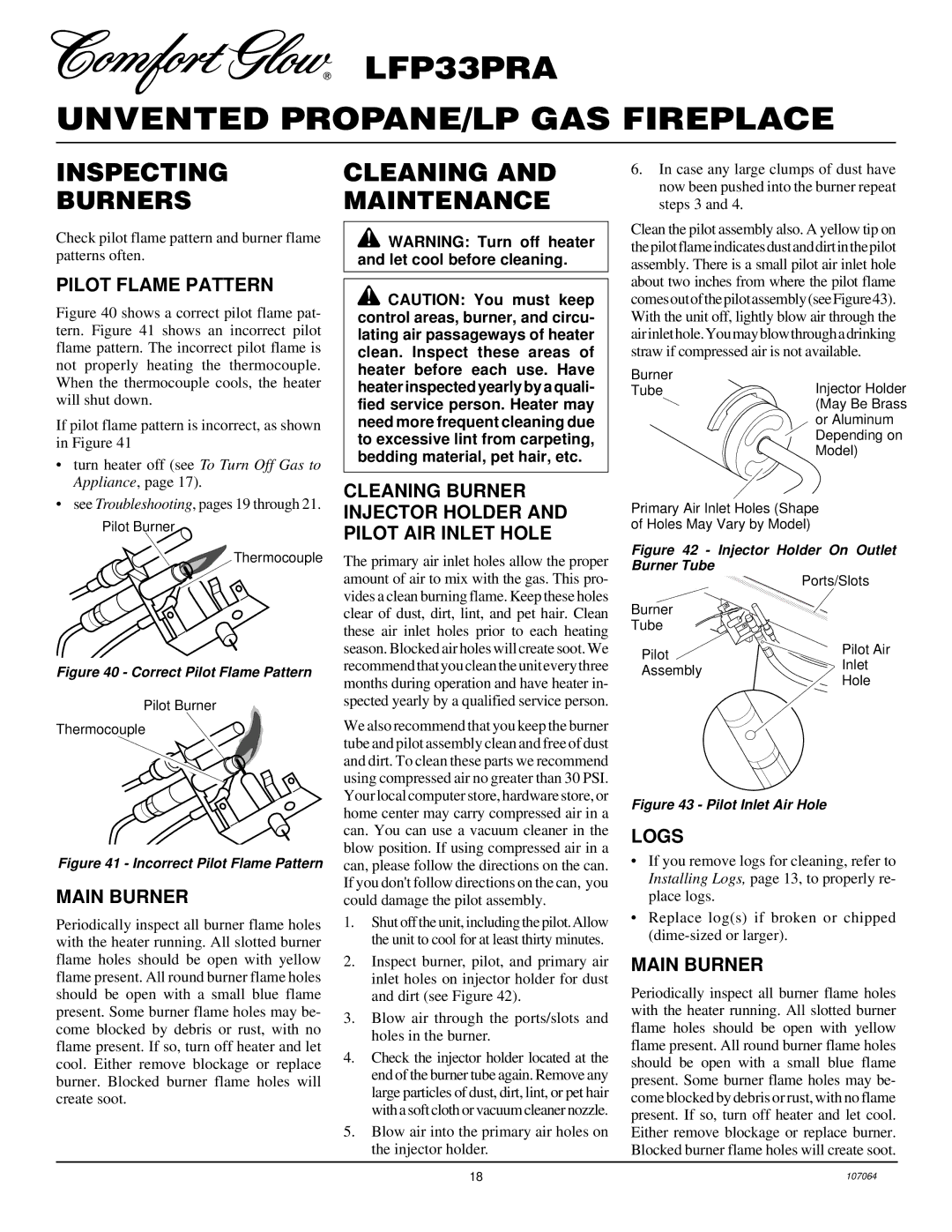 Desa LFP33PRA installation manual Inspecting Burners, Cleaning and Maintenance 