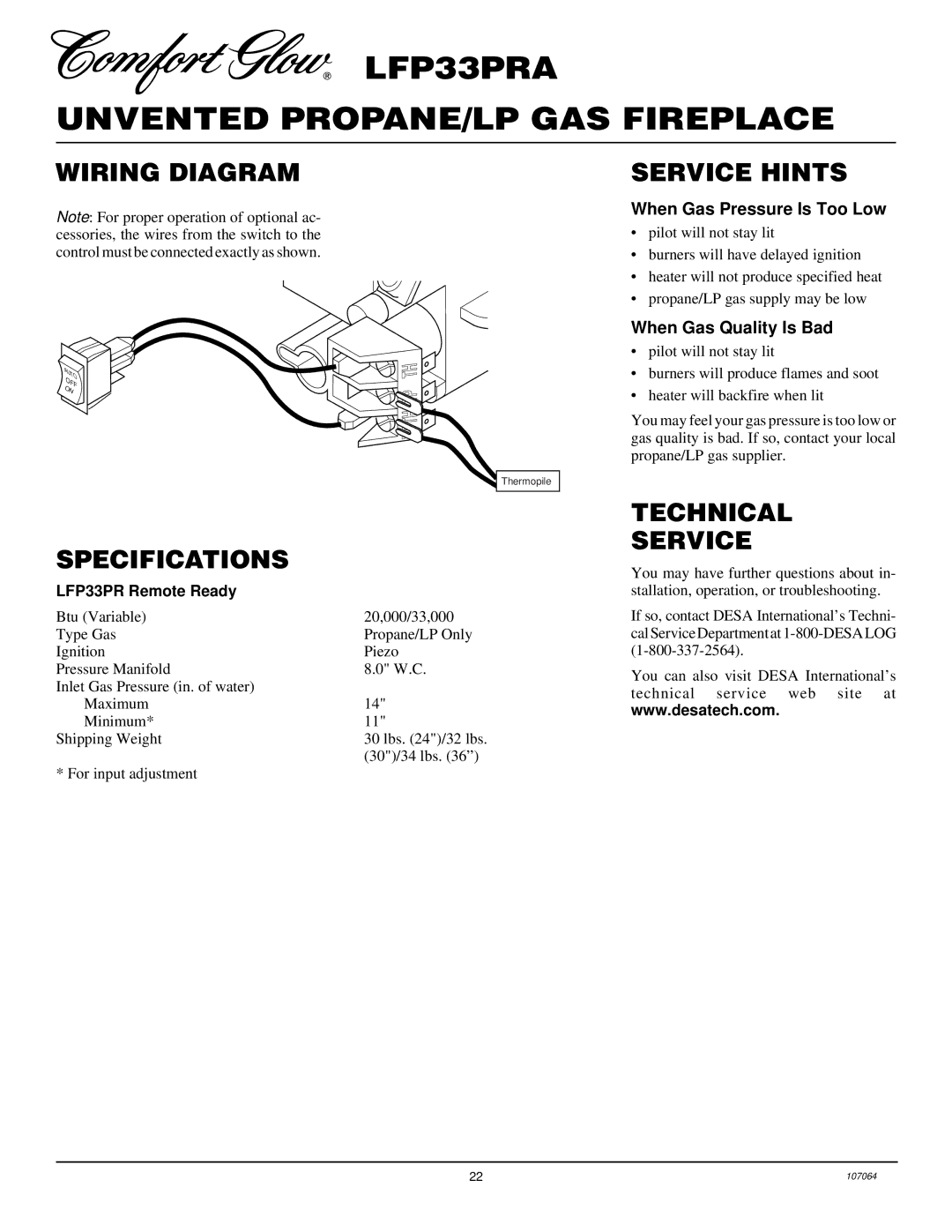 Desa LFP33PRA installation manual Wiring Diagram, Service Hints, Specifications, Technical Service 