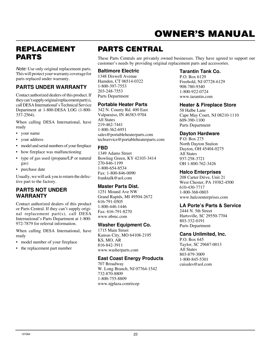 Desa LFP33PRA installation manual Replacement Parts, Parts Central, Parts Under Warranty, Parts not Under Warranty 