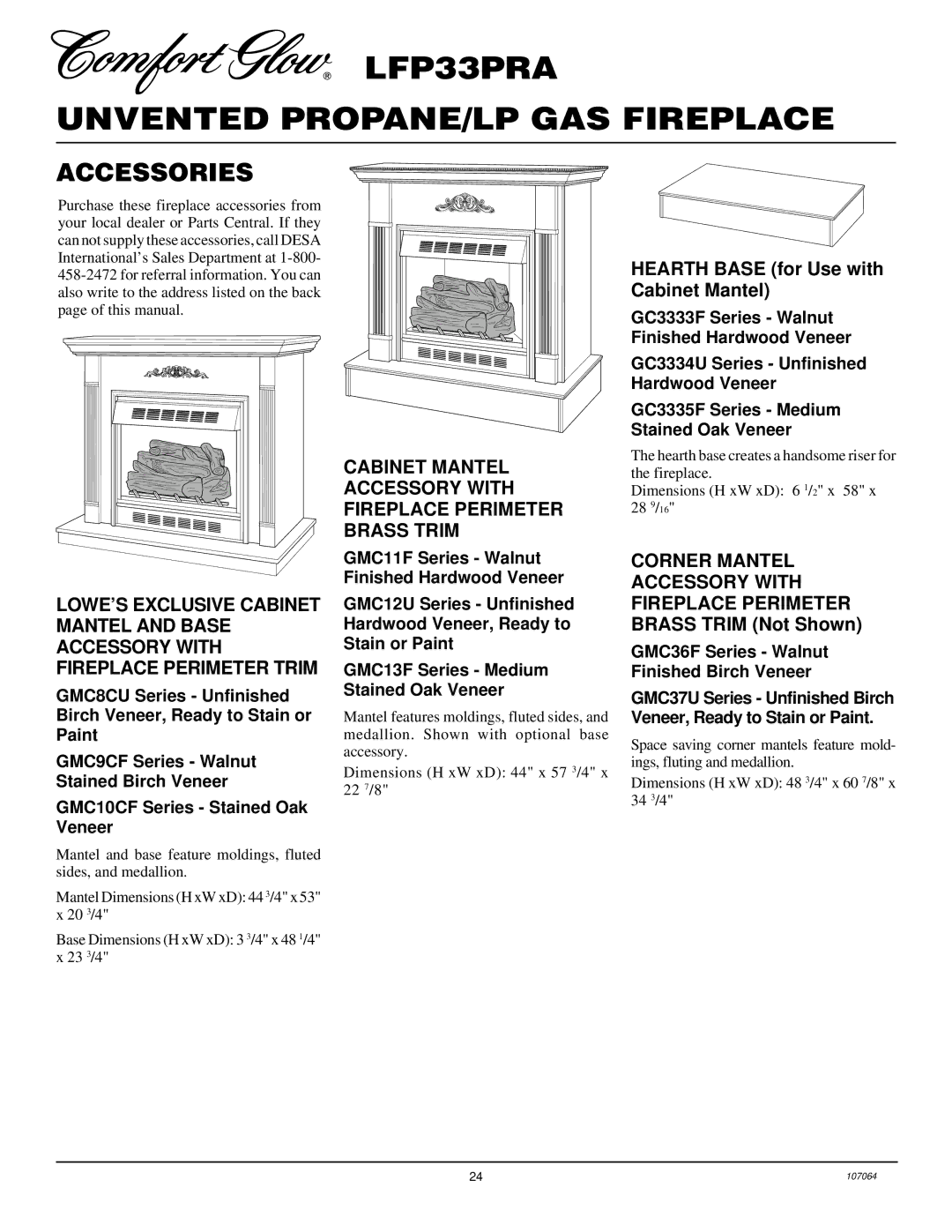 Desa LFP33PRA installation manual Accessories, Corner Mantel, GMC11F Series Walnut Finished Hardwood Veneer 