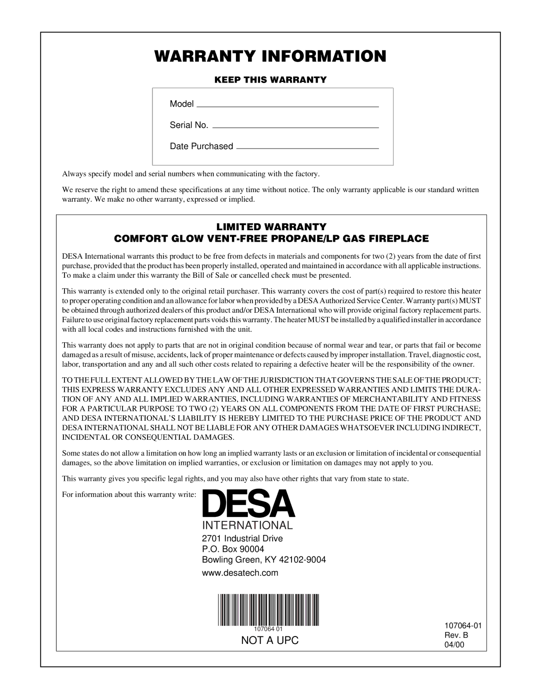 Desa LFP33PRA installation manual Warranty Information 